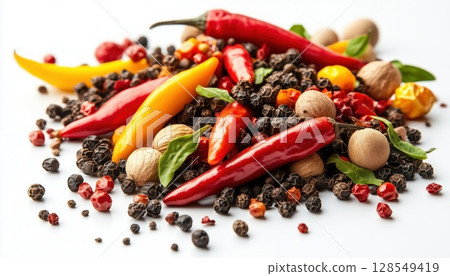 Top View Of A Pile Of Various Peppers On A White Background 128549419