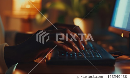 African American Student Typing On Keyboard For Communication Project In Living Room 128549488