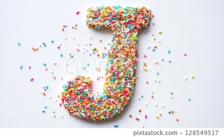 White Background With Letter J Decorated With Multiple Sugar Sprinkles 128549517