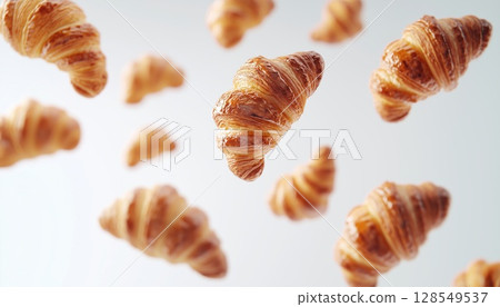 Fluffy Croissant Soaring Through The Sky On A White Background 128549537