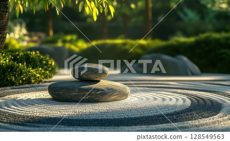 Stunning Japanese Garden Stone Balance And Natural Light For Zen Garden Product Presentation 128549563