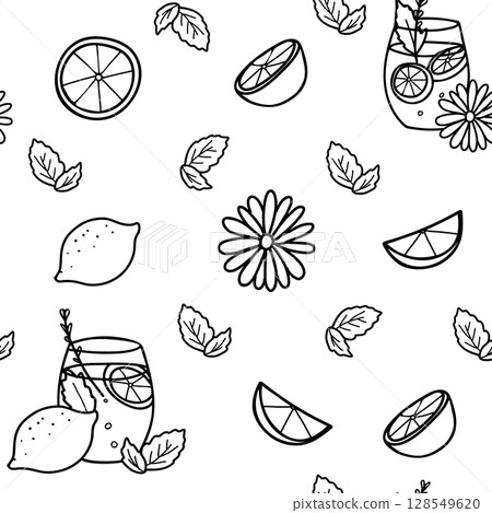 Lemonade seamless pattern with glass of drink, lemon, mint and daisy flower. Hand drawn Black and white vector illustration in doodle style. For paper, menu, wall art prints. Lemonade seamless pattern with glass of drink, lemon, mint and daisy flower. Hand drawn Black and white vector illustration in doodle style. For paper, menu, wall art prints. 128549620
