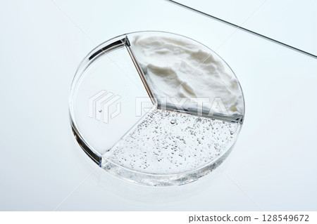 A petri dish with different textures of cosmetics. A petri dish with different textures of cosmetics. 128549672