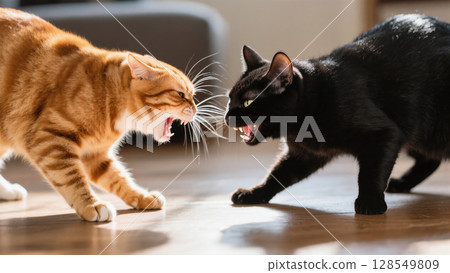 Two angry cats in confrontation indoors, hissing and baring teeth in territorial dispute, moment of feline aggression and behavioral tension Two angry cats in confrontation indoors, hissing and baring teeth in territorial dispute, moment of feline aggression and behavioral tension 128549809
