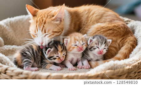 Mother cat gently grooming her newborn kittens while they sleep together in a cozy basket, warm family care and feline bonding moment 128549810