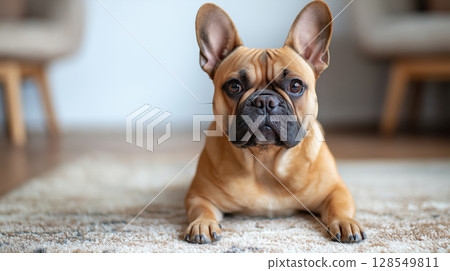 French Bulldog lying on soft carpet indoors, looking directly at camera with attentive and curious expression in cozy home setting 128549811