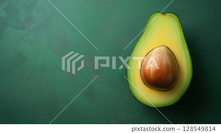 Half of ripe avocado with seed on green textured background, minimalist composition focused on healthy food and nutrition concept 128549814