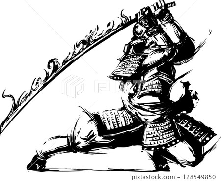 水墨畫插圖：手持寶劍的武士 128549850