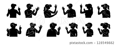 Set of black silhouettes of people of different genders and ages wearing virtual reality headsets and interacting with digital interface isolated on white background. VR technology, gaming experience 128549882