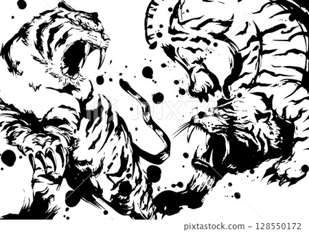 兩隻老虎墨水畫插圖 128550172