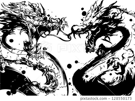 Ink painting illustration of twin dragons 128550173