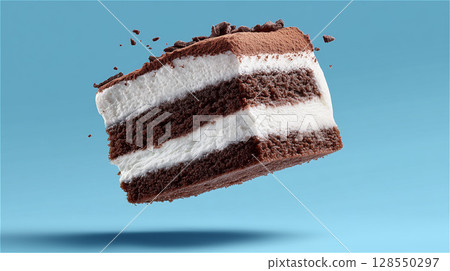 A composition of a cake made of fluffy cocoa sponge and cream layers floating in the air 128550297
