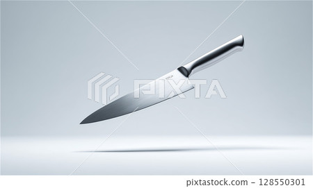 一幅極簡主義的構圖,一把金屬刀漂浮在藍色背景上 一幅極簡主義的構圖,一把金屬刀漂浮在藍色背景上 128550301