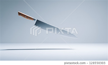 藍色背景中漂浮著木柄刀的時尚構圖 128550303