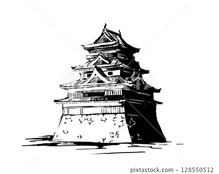 日本城堡的水墨畫插圖 128550512
