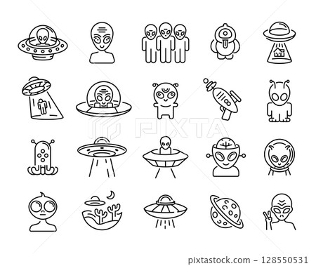 Alien and UFO Sci-Fi Line Icon Set 128550531