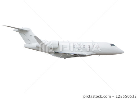 Luxury private aircraft flying isolated on white background Luxury private aircraft flying isolated on white background 128550532