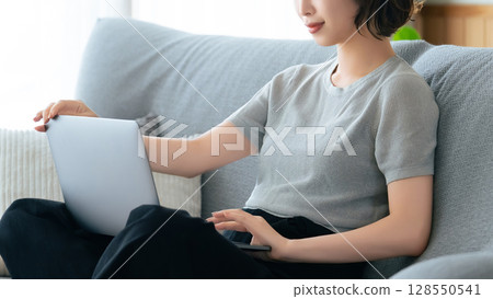 坐長沙發和使用計算機的婦女 坐長沙發和使用計算機的婦女 128550541