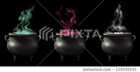 Realistic witch cauldrons with magic steam 128550545