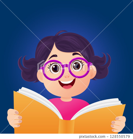 Cute Cartoon Girl with Book Vector Illustration. 128550579