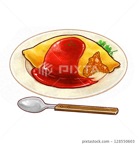 手繪插圖：吃了一半的煎蛋飯和勺子 128550603