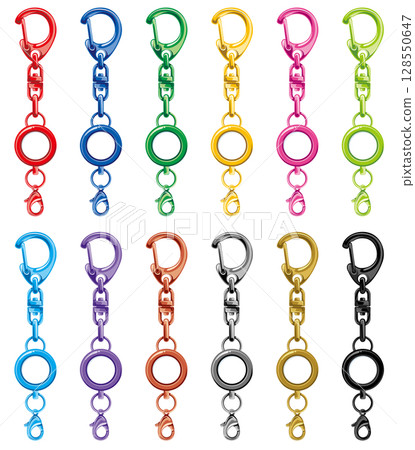 Vector illustration set of reel holder with colorful snap hook strap 128550647