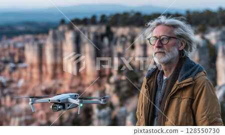 Senior man enjoying breathtaking views while flying a drone over cliffs 128550730