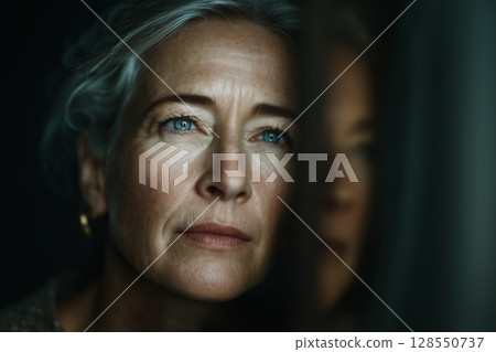 Reflection in the mirror reveals a lifetime of wisdom and beauty in senior woman 128550737