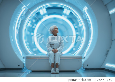 Senior woman engages in advanced full-body scan at modern medical facility 128550739