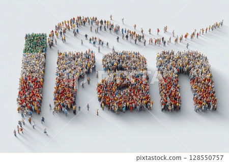 Large crowd forms word Iran through vibrant colors and diverse attire 128550757