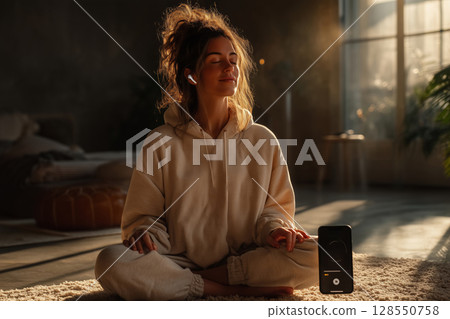 Embracing serenity in cozy loungewear while enjoying soft music at home 128550758