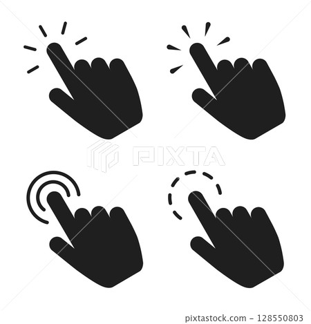 Click finger icon set. Hand touching of cursor. Choose pointer symbol for website, app. Black mouse pointer for technology interface. Tap sign. Touch gesture icon on isolated background. vector 128550803