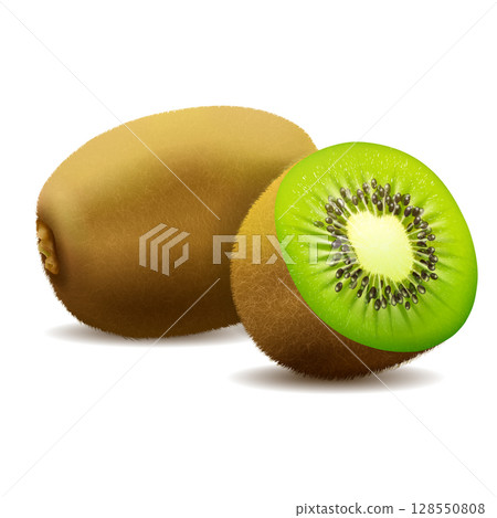 Whole juicy kiwi and half green kiwi, kiwi cut with shadow on white background vector realistic Whole juicy kiwi and half green kiwi, kiwi cut with shadow on white background vector realistic 128550808