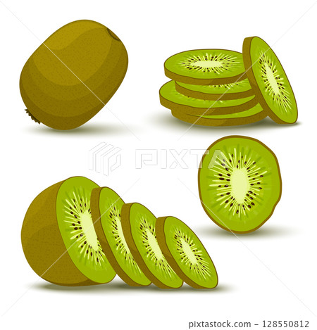 Kiwi. Set of whole, slice, half of a kiwi fruit isolated on white background. Vector icon , flat design Kiwi. Set of whole, slice, half of a kiwi fruit isolated on white background. Vector icon , flat design 128550812