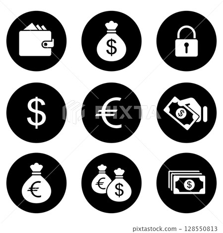 Finance and Money simple icons set. Hand with coins, credit card, wallet, ATM icon collection. Finance and Money simple icons set. Hand with coins, credit card, wallet, ATM icon collection. 128550813