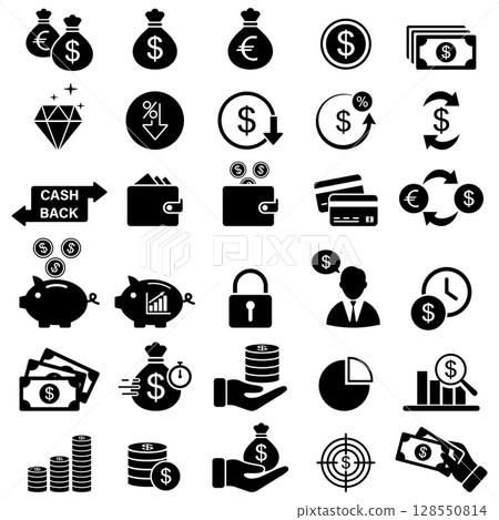 Finance and Money simple icons set. Hand with coins, credit card, wallet, ATM icon collection. 128550814
