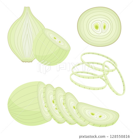 Peeled onion isolated on white. Half, slice and onion rings. Vector icon. Cartoon brown or yellow onions set, Fresh farm market vegetables. 128550816