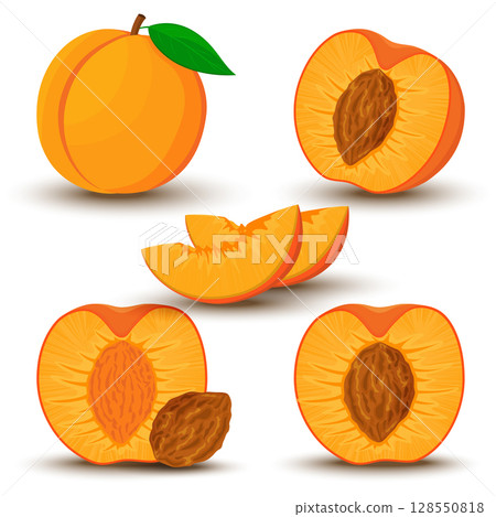 An image of a peach from different directions. Vector illustration in a flat style. Whole, half and sliced peach with bone. An image of a peach from different directions. Vector illustration in a flat style. Whole, half and sliced peach with bone. 128550818