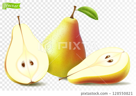 Pear whole and half for organic food Vector3d realistic, drink product design. Fresh sweet fruit full of vitamins for healthy eating, diet. Natural product, fruity ripe dessert. 128550821