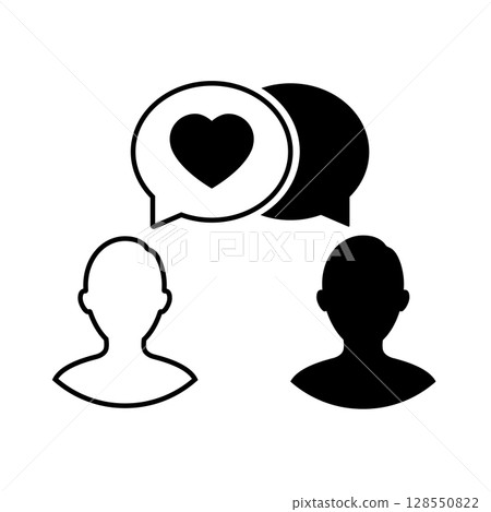 Silhouettes of people with dialogue speech bubbles. Guy and girl in Love. Declaration of love. Conversation. 128550822