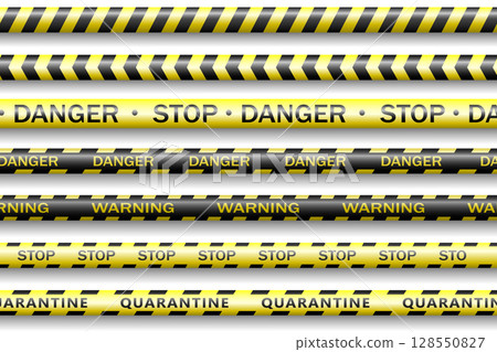 Protective tape, quarantine, warning, danger ribbon realistic. Coronavirus 2019-nCOV, realistic seamless yellow and white security tapes. Global pandemic of COVID-2019. Protective tape, quarantine, warning, danger ribbon realistic. Coronavirus 2019-nCOV, realistic seamless yellow and white security tapes. Global pandemic of COVID-2019. 128550827