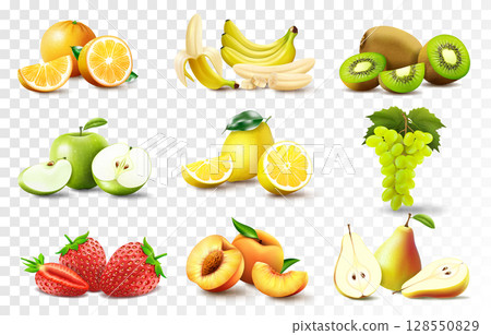 Set of 3d realistic juicy fruits apple, banana, orange, lemon, grapes., peach, strawberry, pear, kiwi. Whole and halved fruits, fruit wedges. High quality image isolated on transparent background 128550829