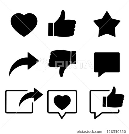 Collection of social media icons, symbolizing social interaction and giving likes, thumbs up buttons. Like icon, heart and share sign. Vector isolated on white background Collection of social media icons, symbolizing social interaction and giving likes, thumbs up buttons. Like icon, heart and share sign. Vector isolated on white background 128550830