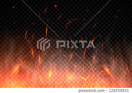 Realistic fire sparks background on a transparent background. Burning hot sparks effect with embers burning cinder and smoke flying in the air. Heat effect with glow and sparks from bonfire. Vector Realistic fire sparks background on a transparent background. Burning hot sparks effect with embers burning cinder and smoke flying in the air. Heat effect with glow and sparks from bonfire. Vector 128550831