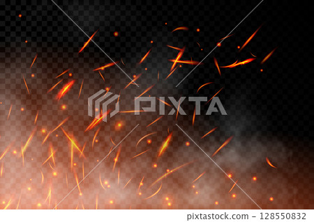 Realistic fire sparks background on a transparent background. Burning hot sparks effect with embers burning cinder and smoke flying in the air. Heat effect with glow and sparks from bonfire. Vector 128550832