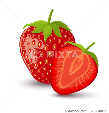 Fresh bright exotic whole and half cut strawberry isolated on white background. Summer fruits for healthy lifestyle. Organic fruit. Flat style. Vector illustration for any design. Fresh bright exotic whole and half cut strawberry isolated on white background. Summer fruits for healthy lifestyle. Organic fruit. Flat style. Vector illustration for any design. 128550834