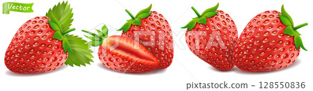 Whole strawberry and sliced half strawberry. Set ot fresh red ripe mellow berry on white background. Realistic 3d isolated vector illustration Whole strawberry and sliced half strawberry. Set ot fresh red ripe mellow berry on white background. Realistic 3d isolated vector illustration 128550836