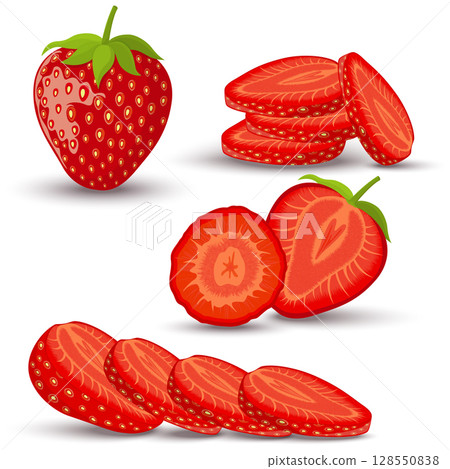 Set of strawberry. Whole, slice, half of a strawberry isolated on white background. Vector icon. Set of strawberry. Whole, slice, half of a strawberry isolated on white background. Vector icon. 128550838