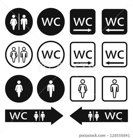 WC Toilet icons set. Men and women WC signs for restroom. WC direction arrow symbol vector illustration. 128550841