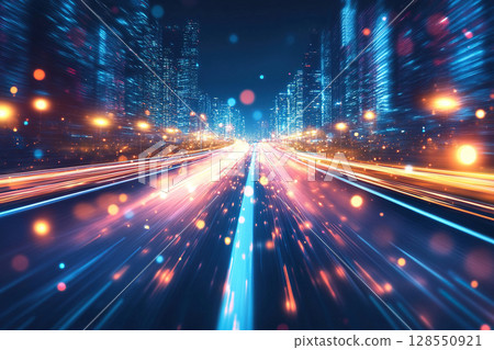Light stripes on a city street with a view of a night metropolis. 128550921